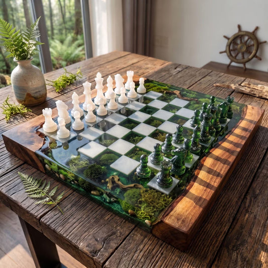 Luxury Green Moss and Wood Resin Chess Set with Handcrafted Emerald Epoxy Game Board
