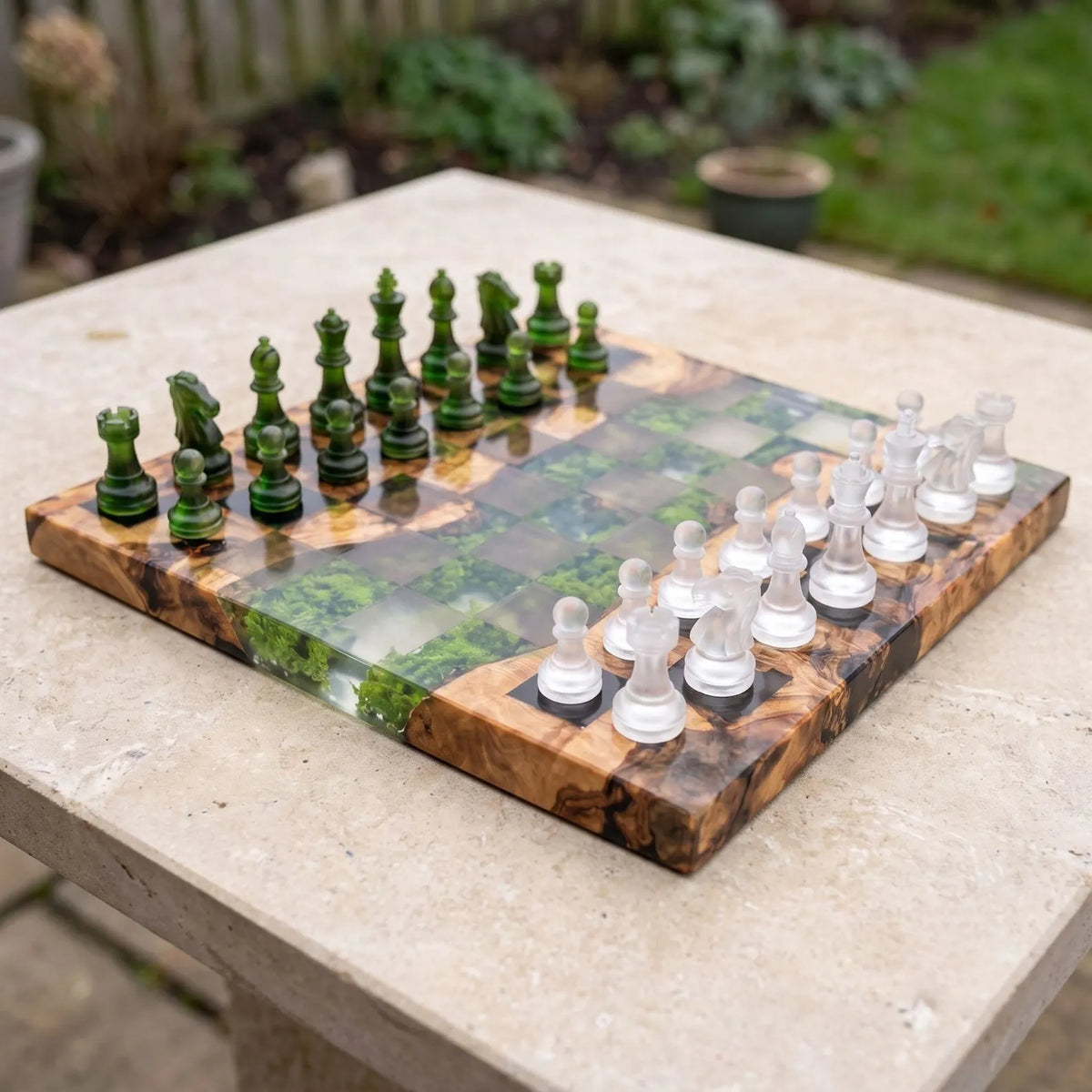 Luxury Moss and Burl Wood Resin Chess Set with 32 Handmade Pieces and Artistic Epoxy Board