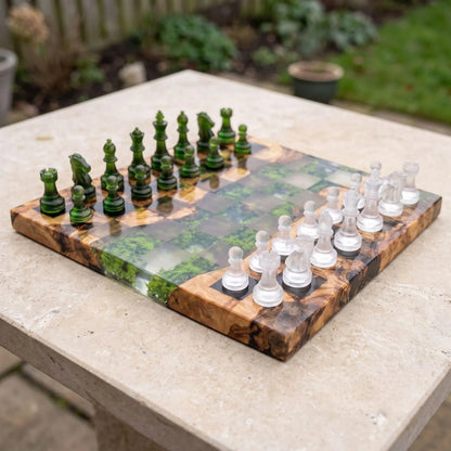 Luxury Moss and Burl Wood Resin Chess Set with 32 Handmade Pieces and Artistic Epoxy Board