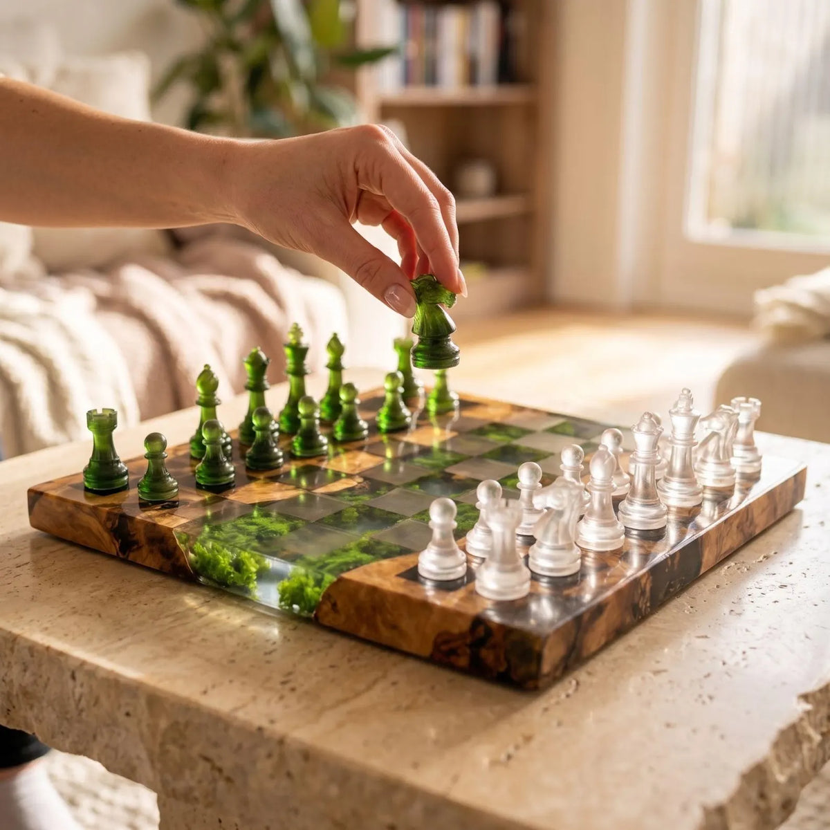 Luxury Moss and Burl Wood Resin Chess Set with 32 Handmade Pieces and Artistic Epoxy Board