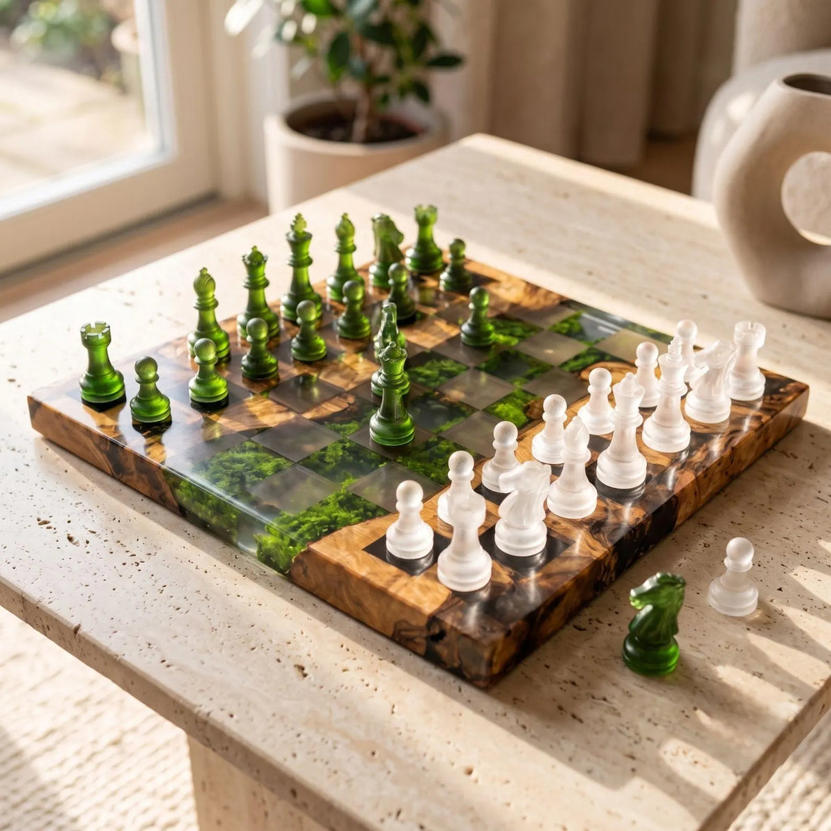 Luxury Moss and Burl Wood Resin Chess Set with 32 Handmade Pieces and Artistic Epoxy Board
