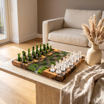 Luxury Moss and Burl Wood Resin Chess Set with 32 Handmade Pieces and Artistic Epoxy Board