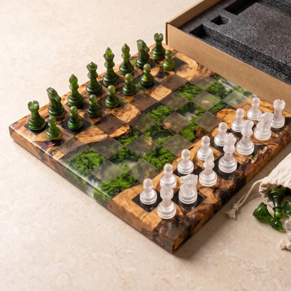 Luxury Moss and Burl Wood Resin Chess Set with 32 Handmade Pieces and Artistic Epoxy Board