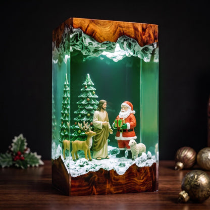 Santa and Jesus Resin Lamp – Christian Christmas Night Light with Reindeer