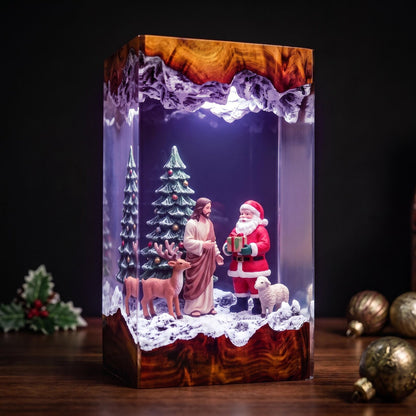 Santa and Jesus Resin Lamp – Christian Christmas Night Light with Reindeer