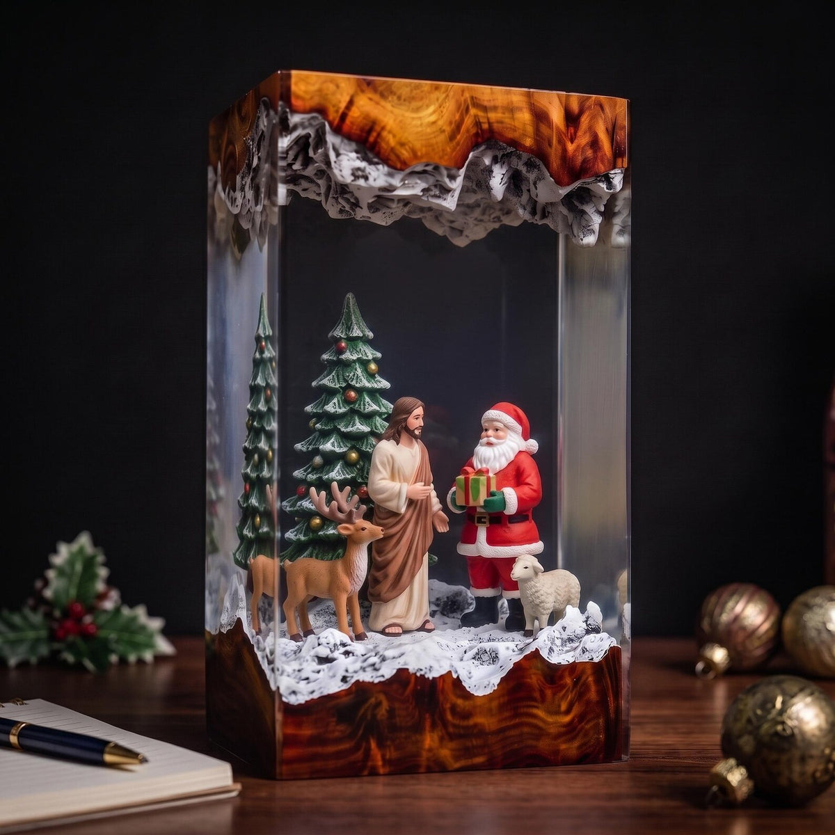 Santa and Jesus Resin Lamp – Christian Christmas Night Light with Reindeer