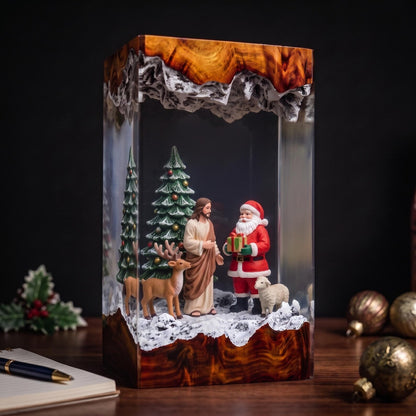 Santa and Jesus Resin Lamp – Christian Christmas Night Light with Reindeer