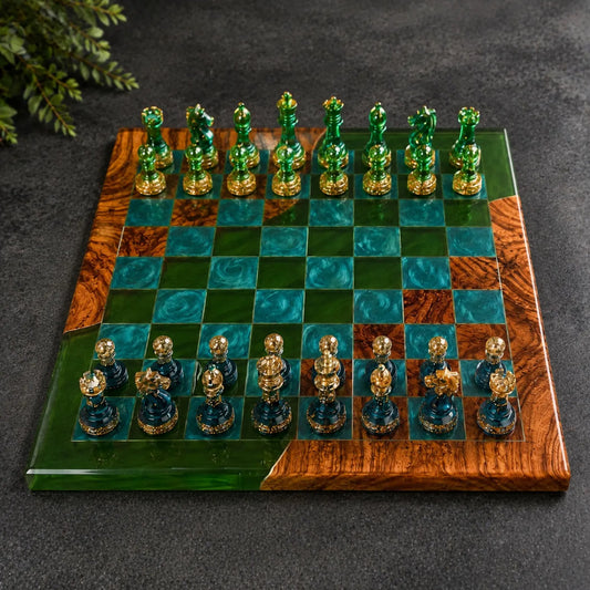 Green Emerald Ocean Resin Chess Set Handmade Epoxy Wood Board Luxury Chess Design