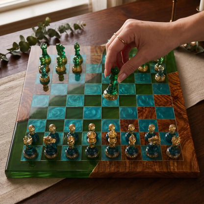 Green Emerald Ocean Resin Chess Set Handmade Epoxy Wood Board Luxury Chess Design