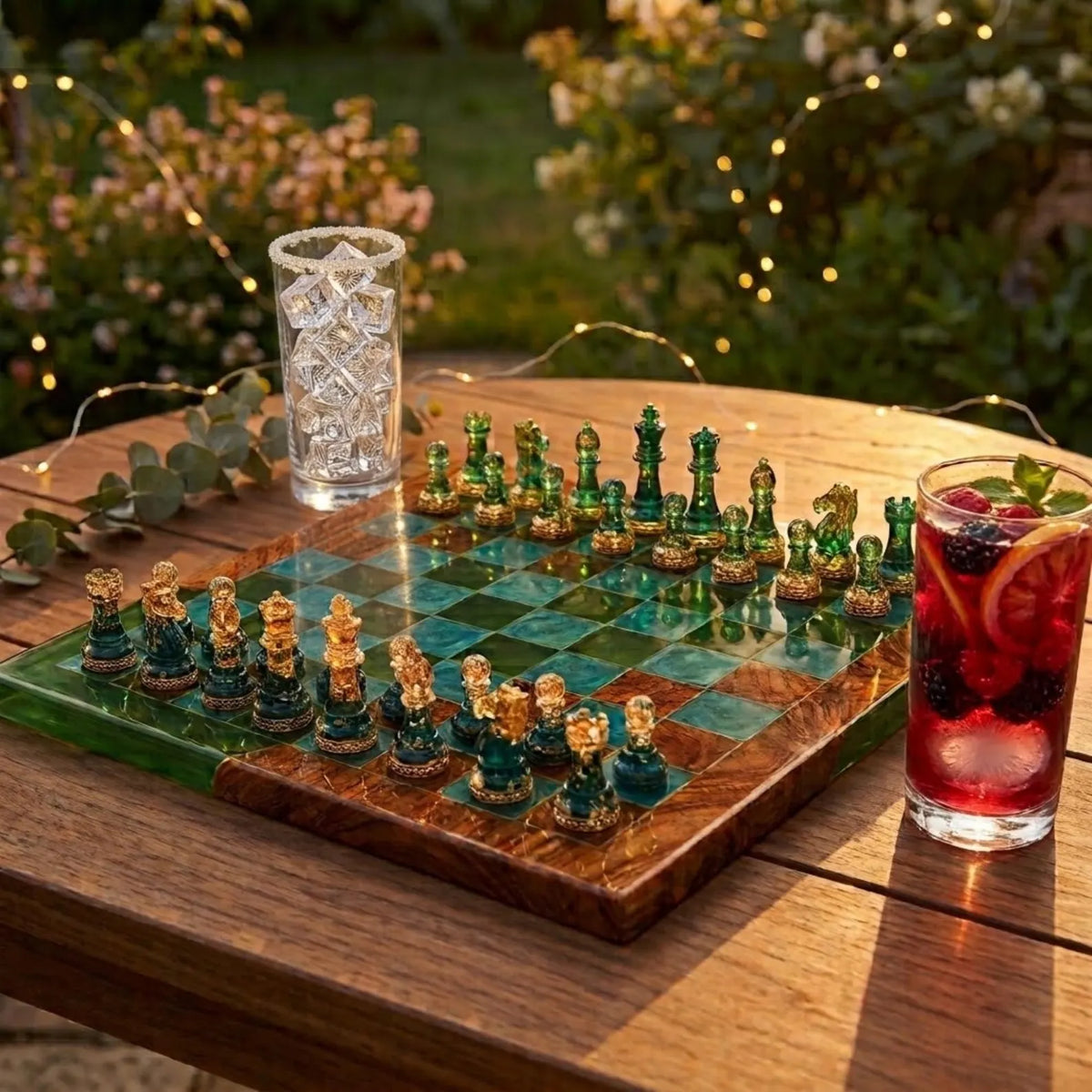 Green Emerald Ocean Resin Chess Set Handmade Epoxy Wood Board Luxury Chess Design
