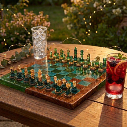 Green Emerald Ocean Resin Chess Set Handmade Epoxy Wood Board Luxury Chess Design