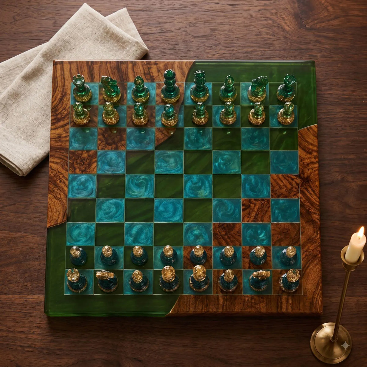 Green Emerald Ocean Resin Chess Set Handmade Epoxy Wood Board Luxury Chess Design