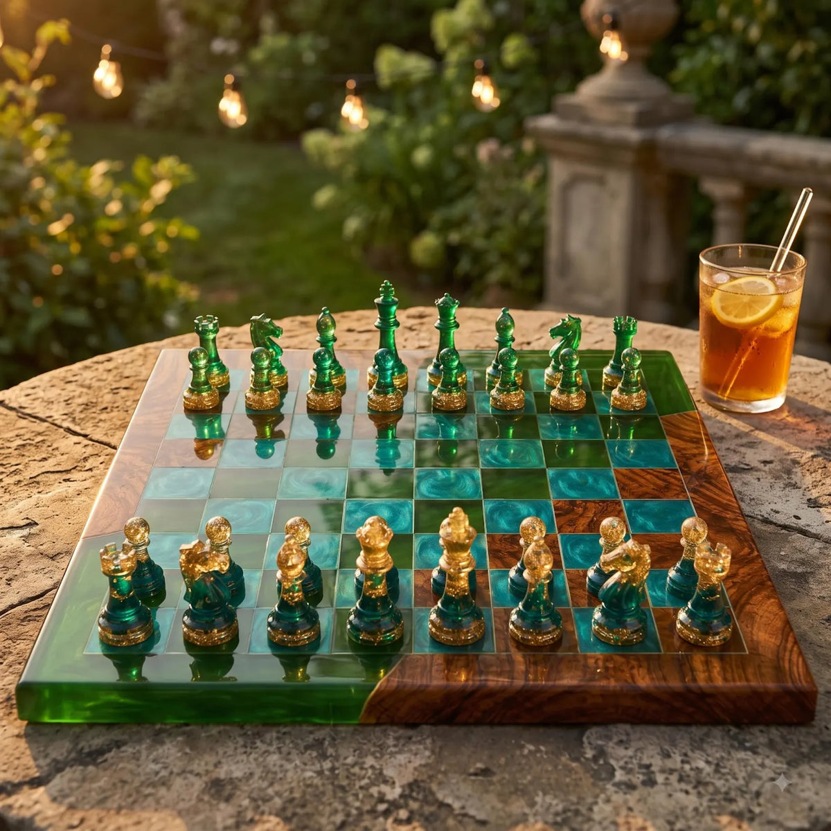 Green Emerald Ocean Resin Chess Set Handmade Epoxy Wood Board Luxury Chess Design