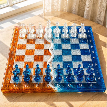 Handmade Ocean Resin Chess Set Blue Epoxy Wood Chess Board Coastal Inspired Luxury Game