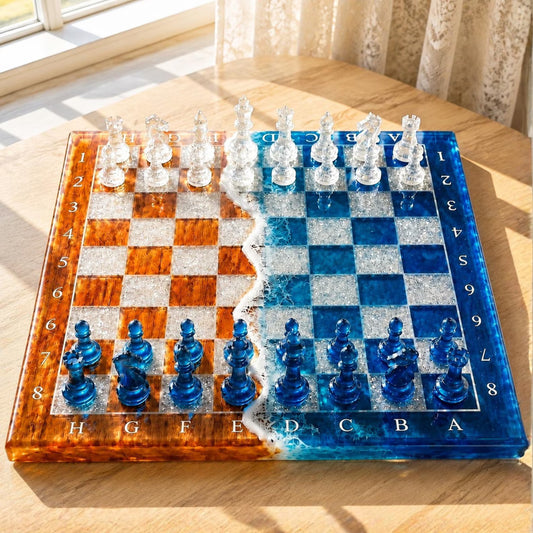 Handmade Ocean Resin Chess Set Blue Epoxy Wood Chess Board Coastal Inspired Luxury Game