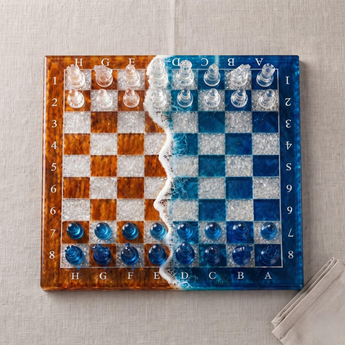 Handmade Ocean Resin Chess Set Blue Epoxy Wood Chess Board Coastal Inspired Luxury Game