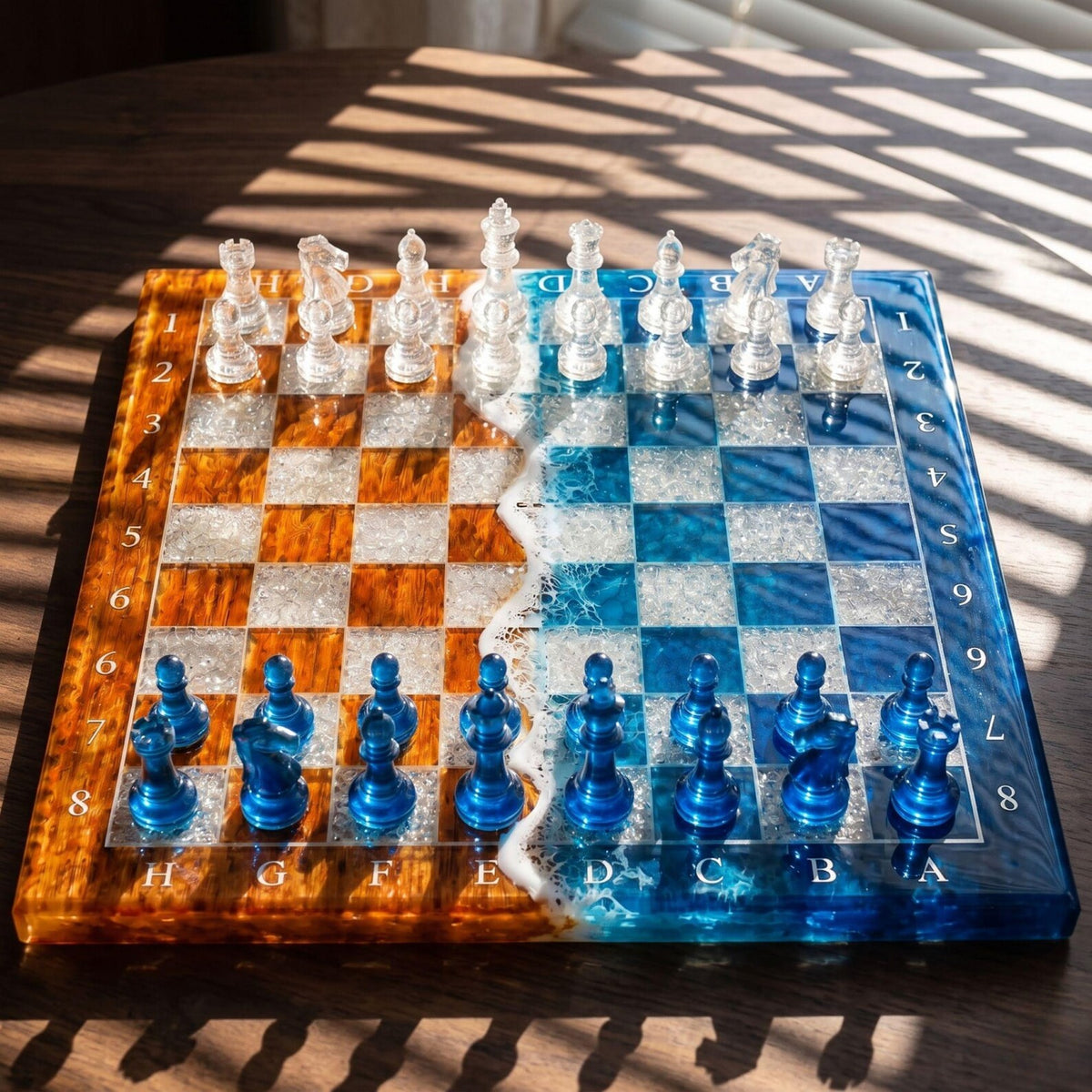 Handmade Ocean Resin Chess Set Blue Epoxy Wood Chess Board Coastal Inspired Luxury Game