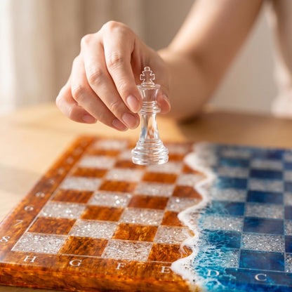 Handmade Ocean Resin Chess Set Blue Epoxy Wood Chess Board Coastal Inspired Luxury Game
