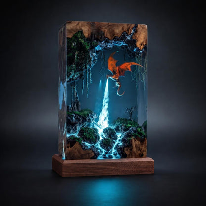 Fire Breathing Dragon Resin Lamp, Volcano Diorama Night Light, Gothic Castle Desk Decor, Dragon Statue