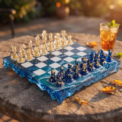 Modern Crystal Ocean Resin Chess Set with Handmade Epoxy Chess Board and Transparent Pieces