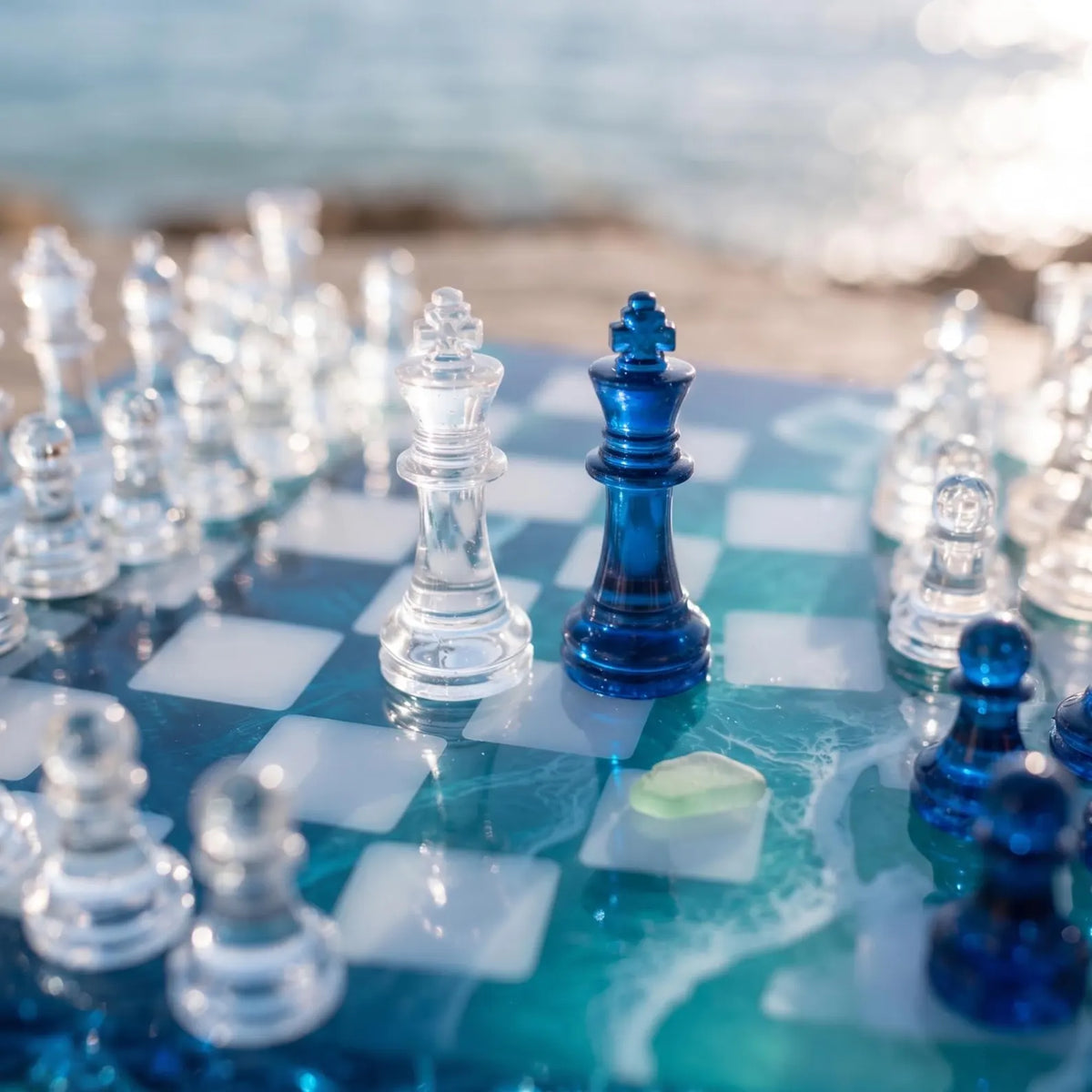 Blue Ocean Resin Chess Set with Clear Epoxy Board and Blue Crystal Pieces Handmade Design