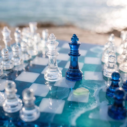 Blue Ocean Resin Chess Set with Clear Epoxy Board and Blue Crystal Pieces Handmade Design
