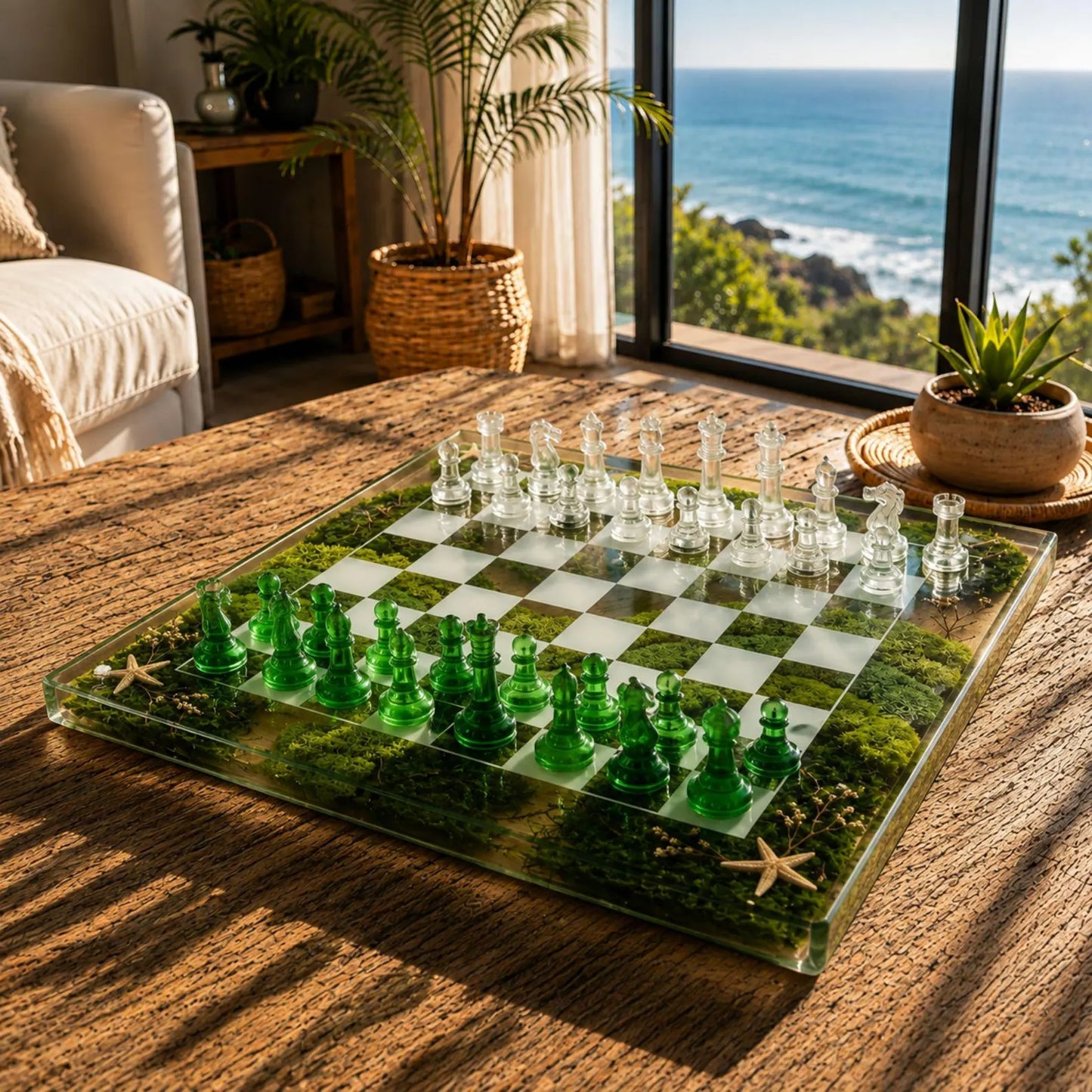 Luxury Clear Resin Chess Set with Moss, Starfish and Emerald Glass Chessboard Handmade Design