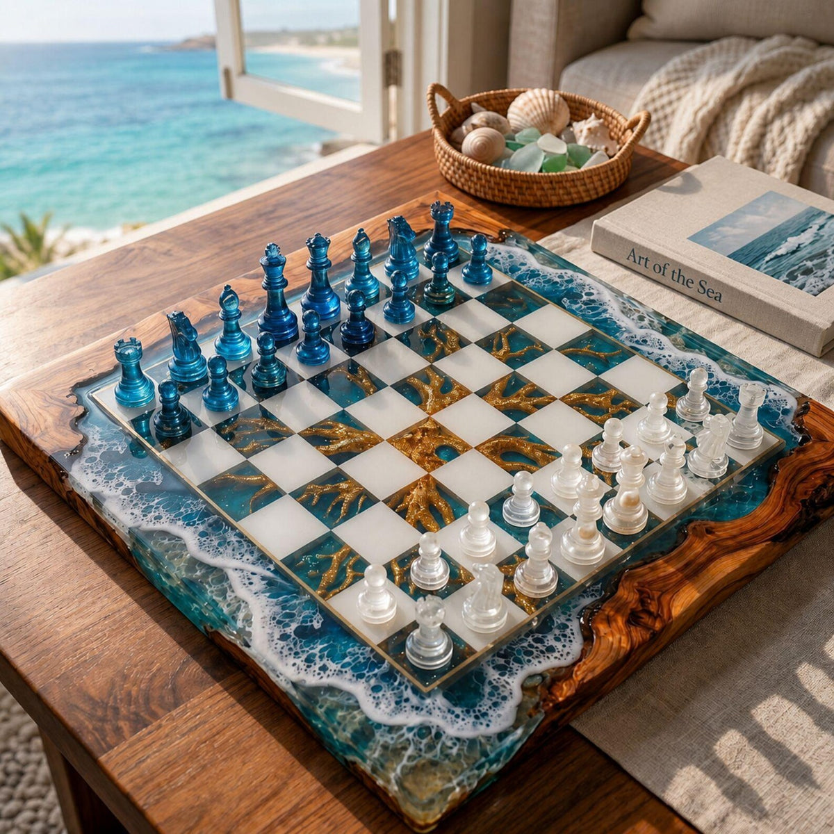 Luxury Ocean Wave Resin Chess Set Handmade Wood Epoxy Coastal Board Elegant Chess Design