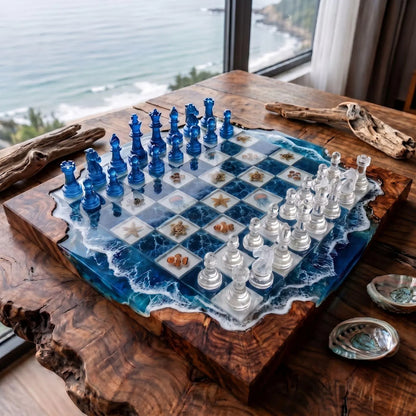 Luxury Underwater Sea Life Resin Chess Set with Jellyfish Coral Wood Board Blue Crystal Pieces