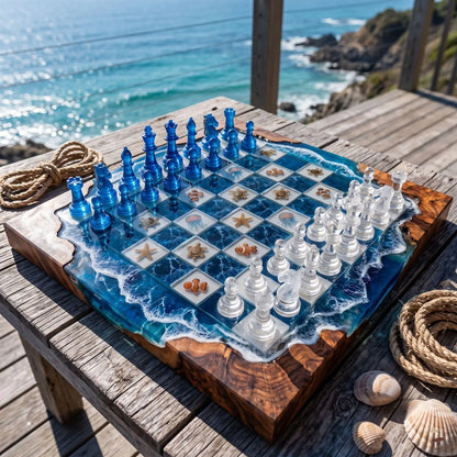 Luxury Underwater Sea Life Resin Chess Set with Jellyfish Coral Wood Board Blue Crystal Pieces