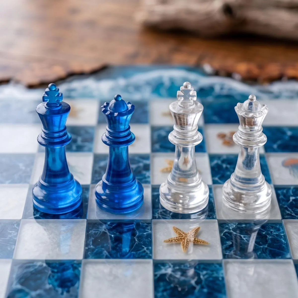 Luxury Underwater Sea Life Resin Chess Set with Jellyfish Coral Wood Board Blue Crystal Pieces