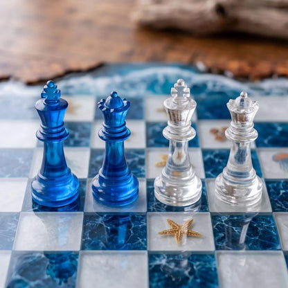 Luxury Underwater Sea Life Resin Chess Set with Jellyfish Coral Wood Board Blue Crystal Pieces