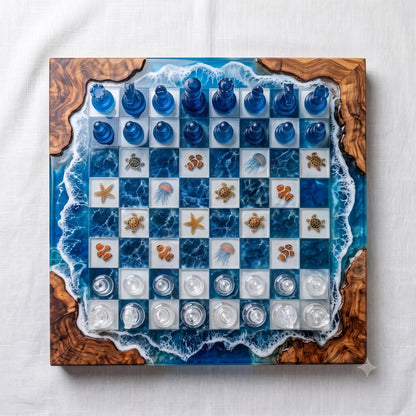 Luxury Underwater Sea Life Resin Chess Set with Jellyfish Coral Wood Board Blue Crystal Pieces