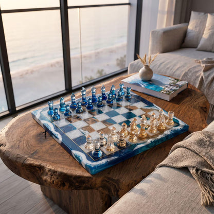Luxury Ocean Wave Resin Chess Set with Marble Amber Epoxy Board and Blue Crystal Pieces