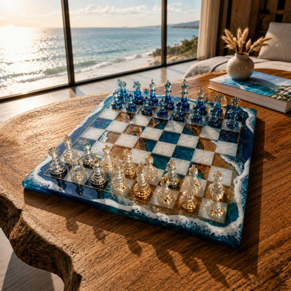 Luxury Ocean Wave Resin Chess Set with Marble Amber Epoxy Board and Blue Crystal Pieces
