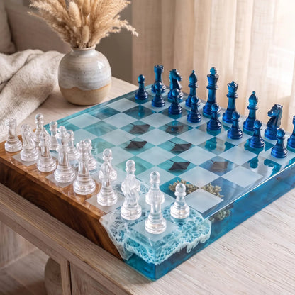 Manta Ray Ocean Chess Set – Handmade Wood and Resin Coastal Beach Chess Board Design