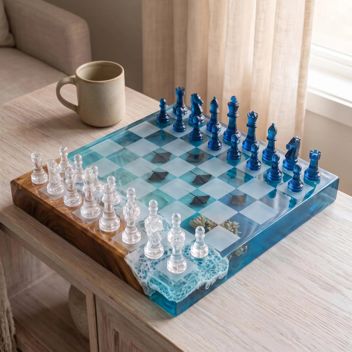 Manta Ray Ocean Chess Set – Handmade Wood and Resin Coastal Beach Chess Board Design