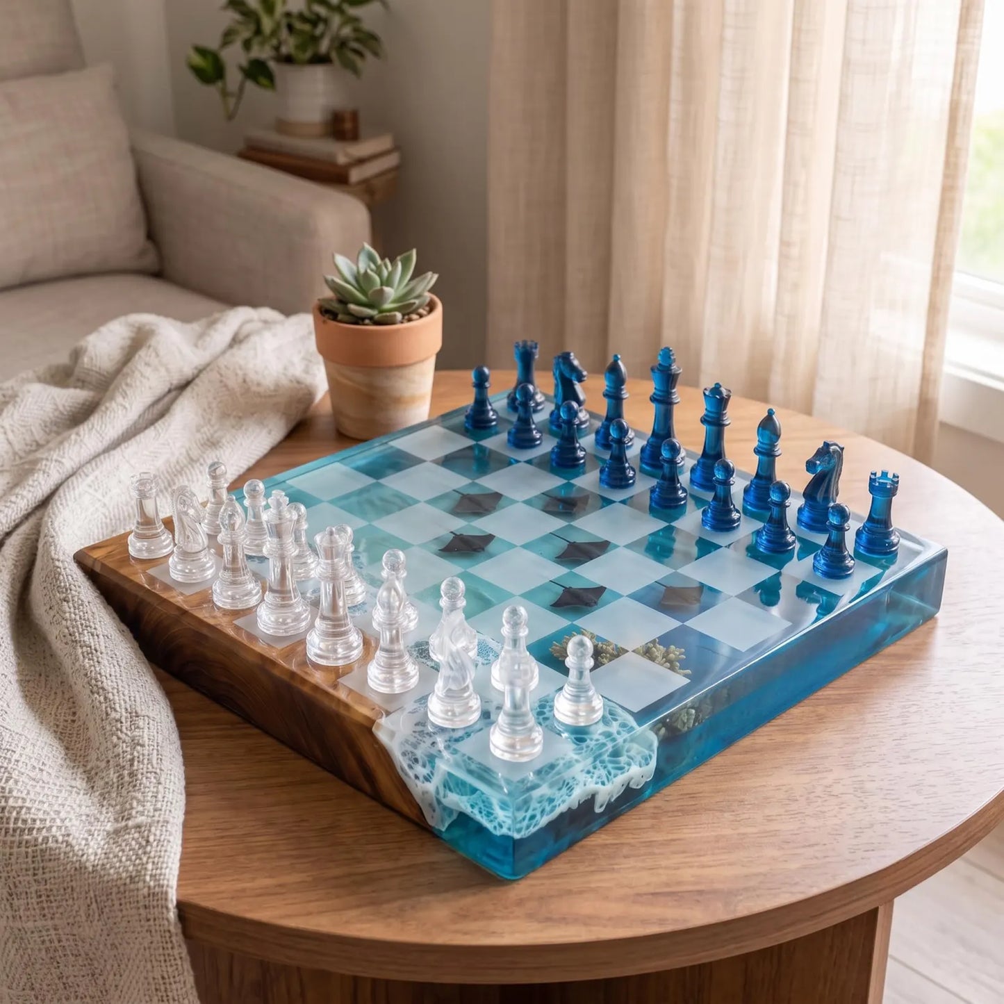 Manta Ray Ocean Chess Set – Handmade Wood and Resin Coastal Beach Chess Board Design