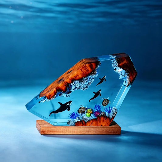 Handmade Deep Sea Resin Lamp with Orcas, Turtles and Coral Reef Diorama