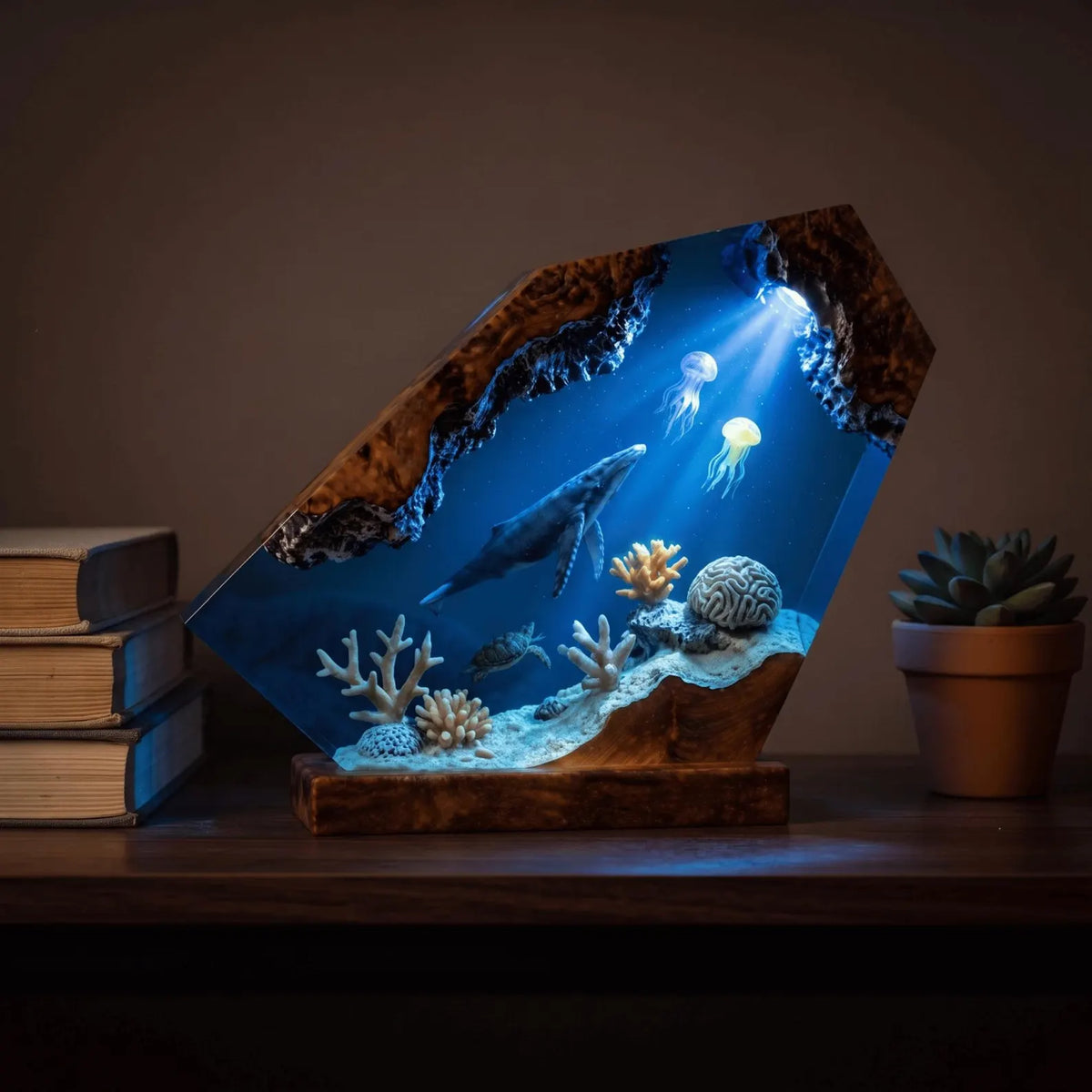Humpback Whale Resin Lamp, Handmade Ocean Night Light, Jellyfish Coral Reef Table Decor Art