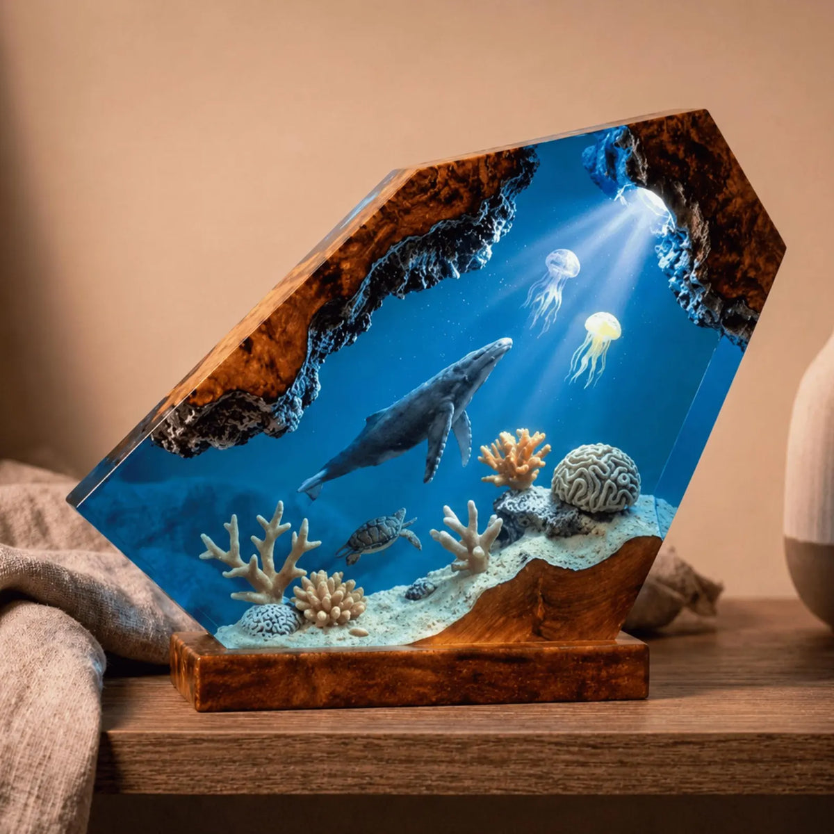 Humpback Whale Resin Lamp, Handmade Ocean Night Light, Jellyfish Coral Reef Table Decor Art