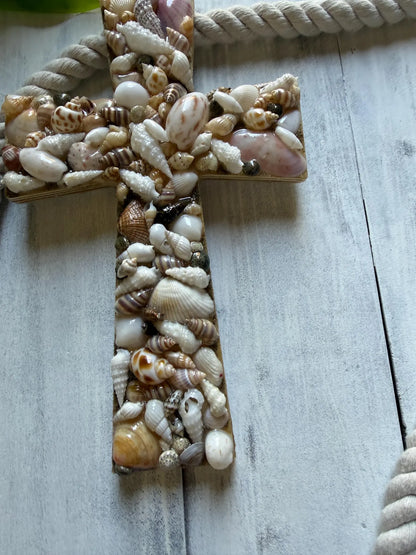 Resin Shell Cross, Handmade Coastal Christian Wall Decor, Beach House Religious Home Accent, Ocean Inspired Decoration