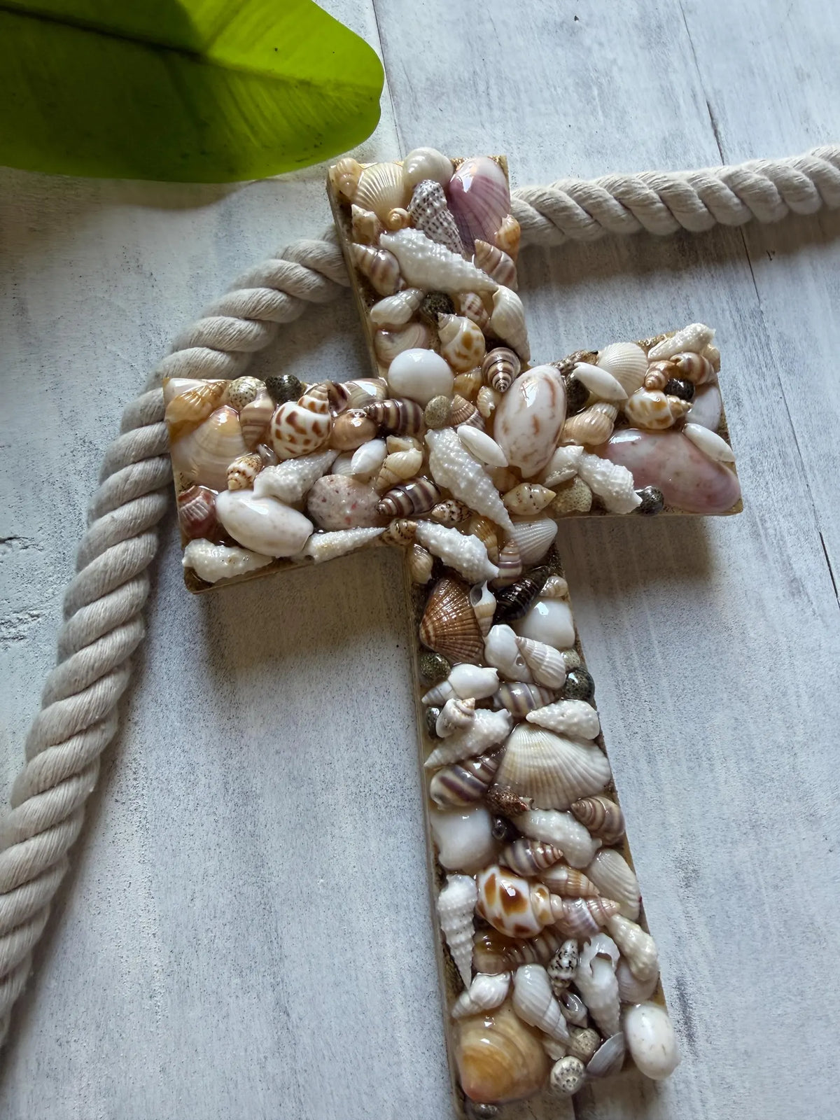 Resin Shell Cross, Handmade Coastal Christian Wall Decor, Beach House Religious Home Accent, Ocean Inspired Decoration