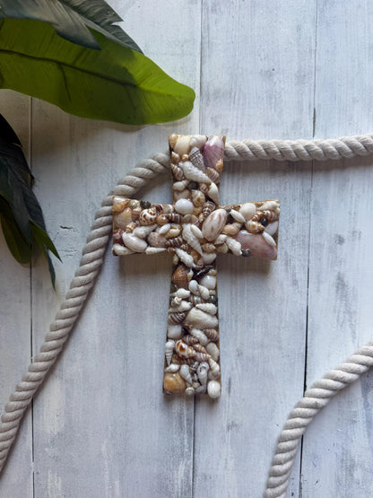 Resin Shell Cross, Handmade Coastal Christian Wall Decor, Beach House Religious Home Accent, Ocean Inspired Decoration