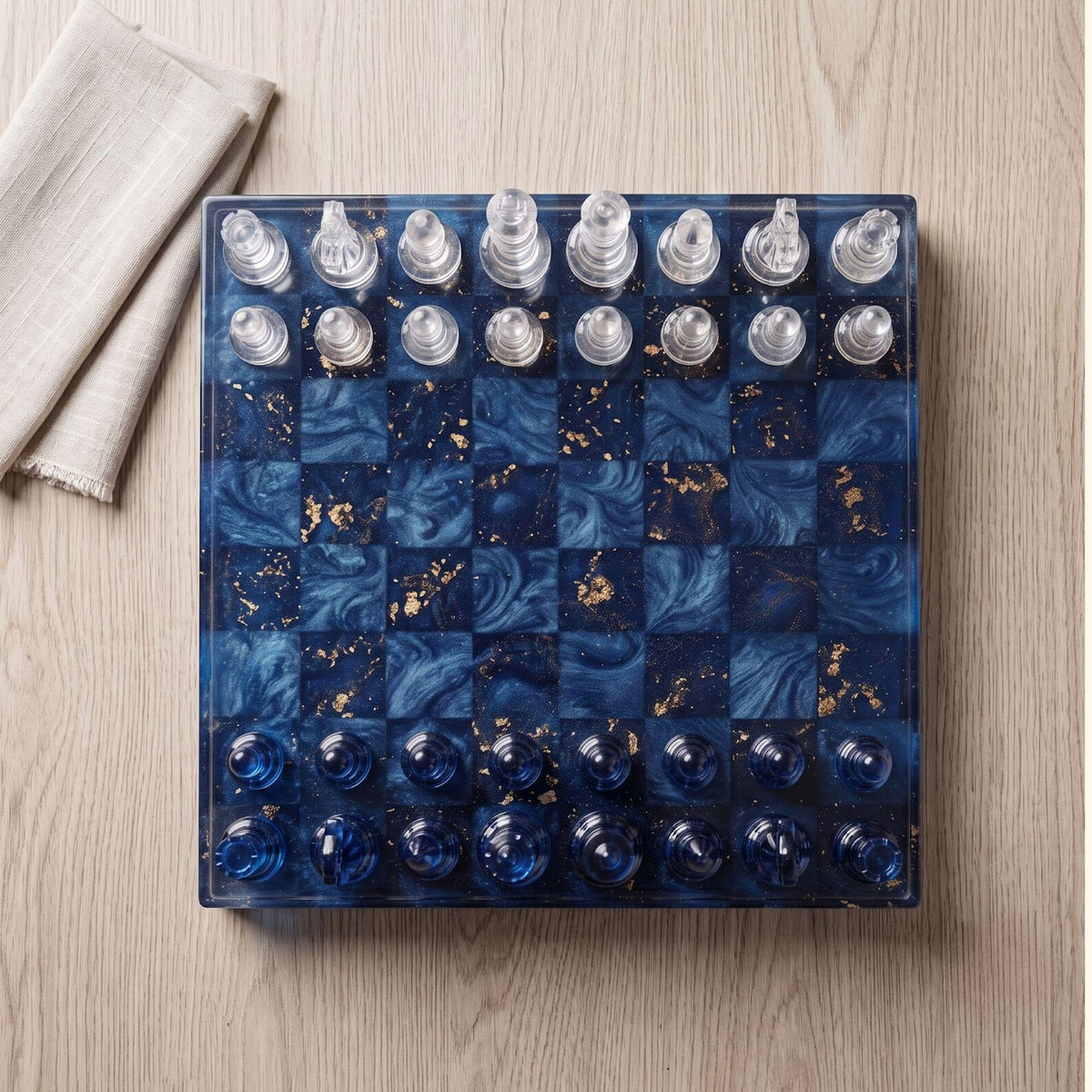 Luxury Blue Resin Chess Set with Handmade Epoxy Board and Elegant Gold Flake Chess Pieces