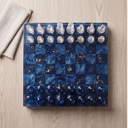 Luxury Blue Resin Chess Set with Handmade Epoxy Board and Elegant Gold Flake Chess Pieces