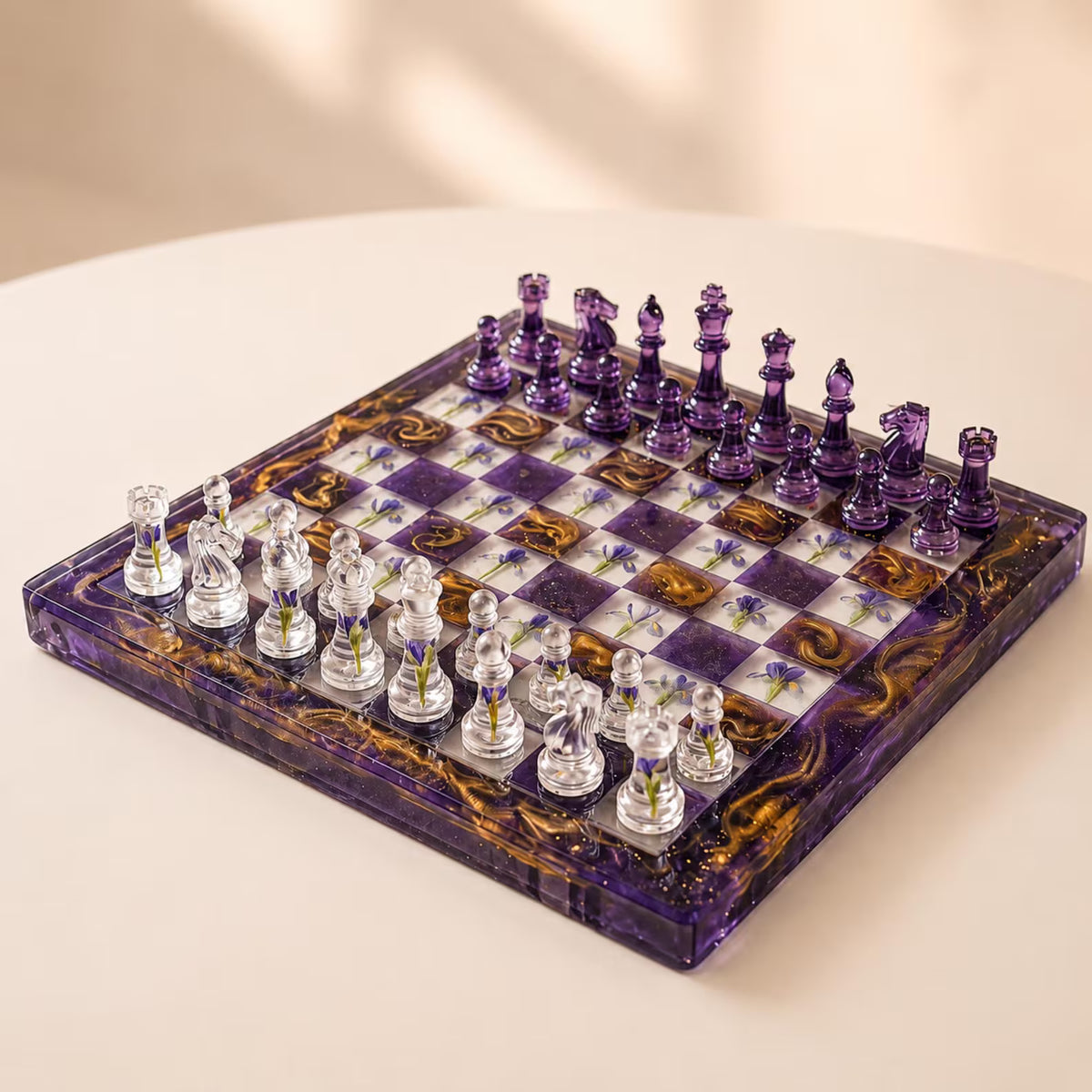 Handmade Purple Resin Chess Set with Floral Epoxy Board and Elegant Artistic Chess Pieces