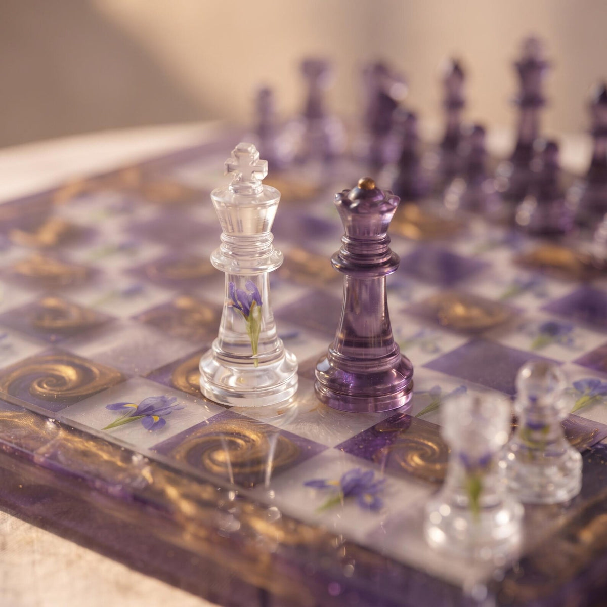 Handmade Purple Resin Chess Set with Floral Epoxy Board and Elegant Artistic Chess Pieces