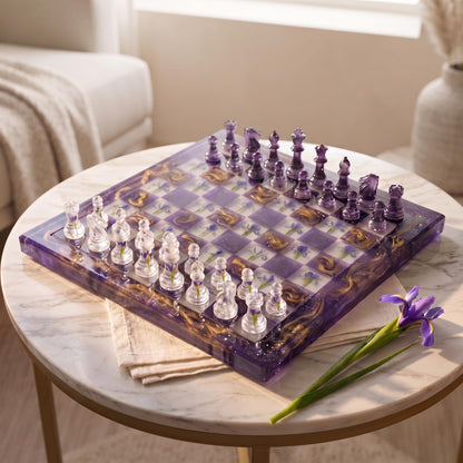 Handmade Purple Resin Chess Set with Floral Epoxy Board and Elegant Artistic Chess Pieces