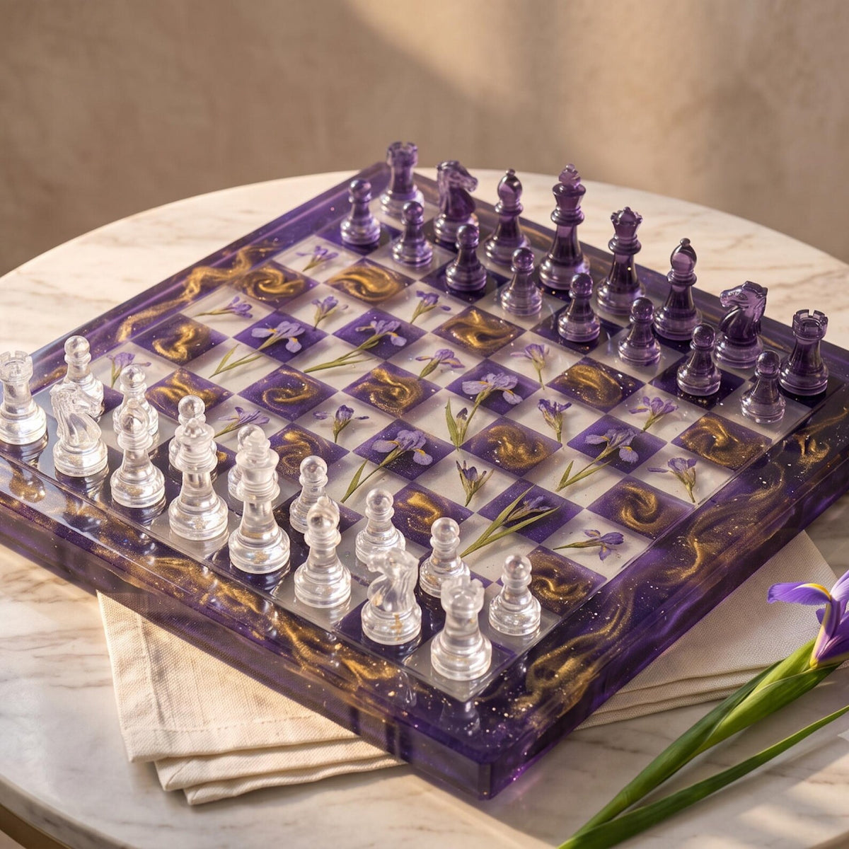 Handmade Purple Resin Chess Set with Floral Epoxy Board and Elegant Artistic Chess Pieces